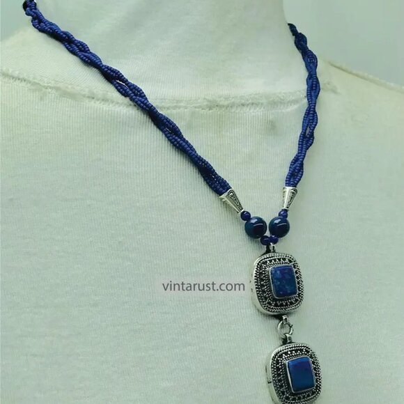 Beaded Chain Necklace with Triple Blue Square Pendants, Lapis Lazuli Stone - Picture 13 of 16